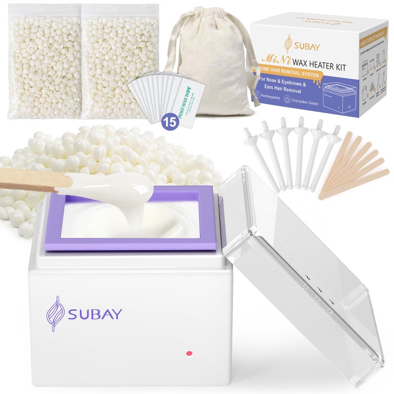SUBAY Nose Wax Kit Cordless Mini Wax Warmer for Ear Eyebrow Hair Removal Waxing Kit for Women Men with 100g Beads 6 Nose Sticks 6 Applicators Storage Bag Rechargeable Machine for Face Waxing
